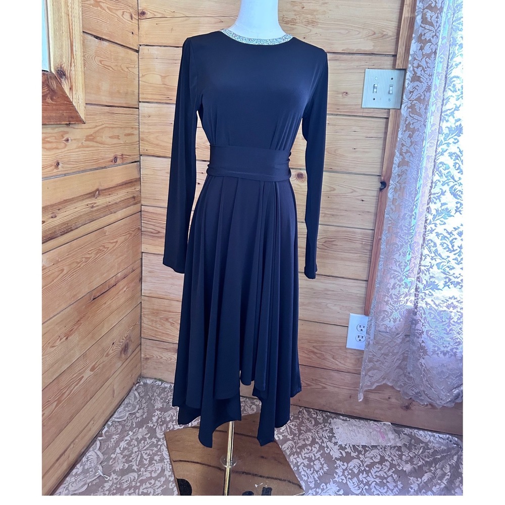 Midi Dress Women Small Black Rhinestone Collar Handkerchief Hem Michael Kors